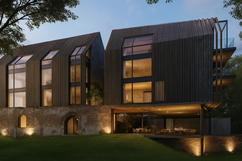 Rendering 3D di un edificio contemporaneo a Praga con dettagli architettonici moderni e struttura geometrica | 3D-Rendering eines zeitgenössischen Gebäudes in Prag mit moderner Architektur und geometrischer Struktur | 3D rendering of a contemporary building in Prague with modern architectural features and geometric structure