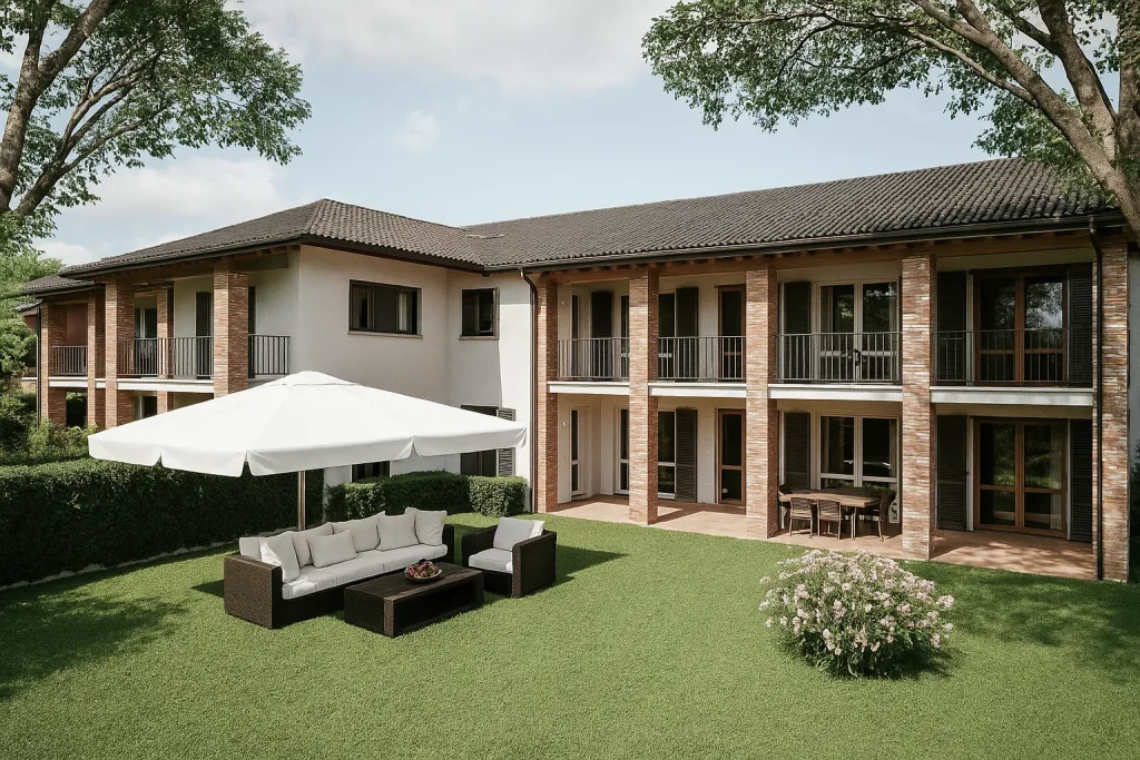 Visualizzazione 3D di edifici moderni a Lugano con facciate chiare, terrazze e vegetazione integrata | 3D-Visualisierung moderner Gebäude in Lugano mit hellen Fassaden, Terrassen und integrierter Begrünung | 3D visualization of modern buildings in Lugano with light facades, terraces and integrated greenery