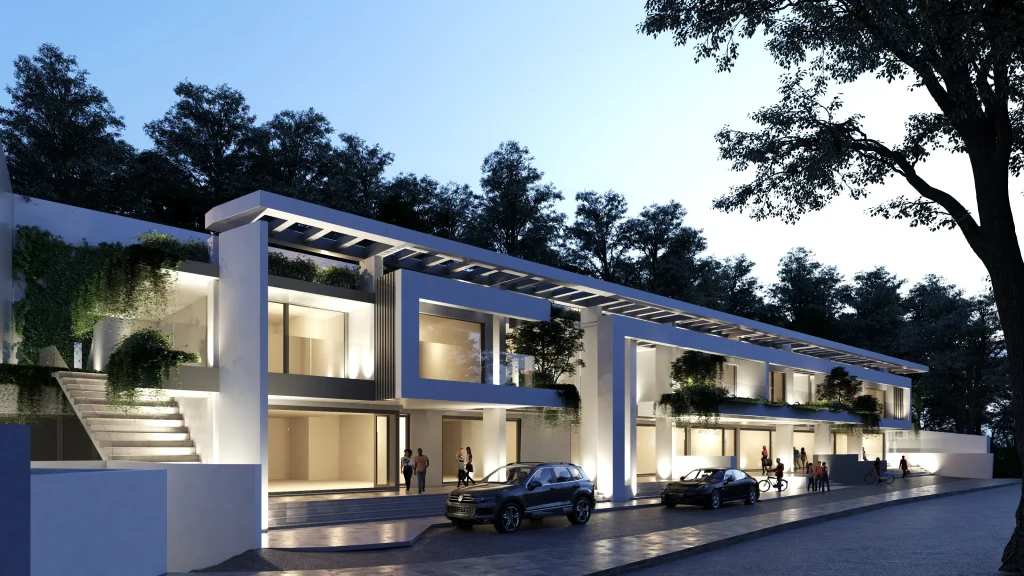 Rendering architettonico di una palazzina moderna a Roma con facciate pulite e terrazze verdi | Architektonisches Rendering eines modernen Wohngebäudes in Rom mit klaren Fassaden und begrünten Terrassen | Architectural rendering of a modern apartment building in Rome with clean facades and green terraces