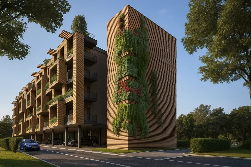 Rendering architettonico di una palazzina svizzera con balconi, facciata chiara e spazi verdi | Architektonisches Rendering eines Wohngebäudes in der Schweiz mit Balkonen, heller Fassade und Grünflächen | Architectural rendering of a Swiss apartment building with balconies, bright facade and green areas