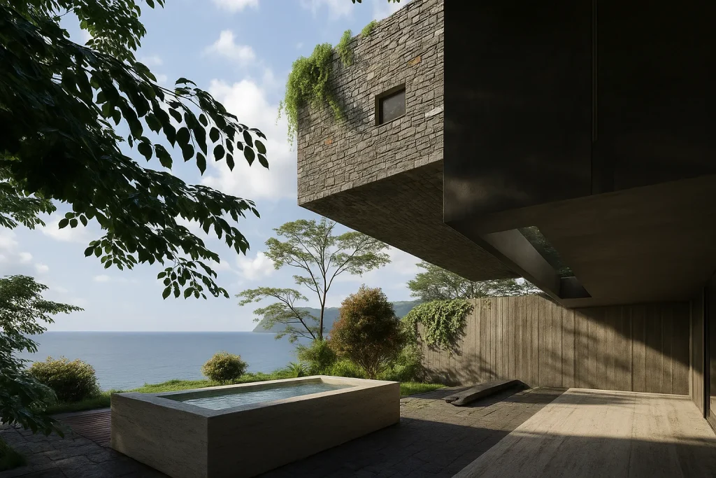 Rendering architettonico di un edificio contemporaneo in Liguria, con terrazze panoramiche e facciate chiare | Architektonisches Rendering eines zeitgenössischen Gebäudes in Ligurien mit Panoramaterrassen und hellen Fassaden | Architectural rendering of a contemporary building in Liguria with panoramic terraces and light-colored facades