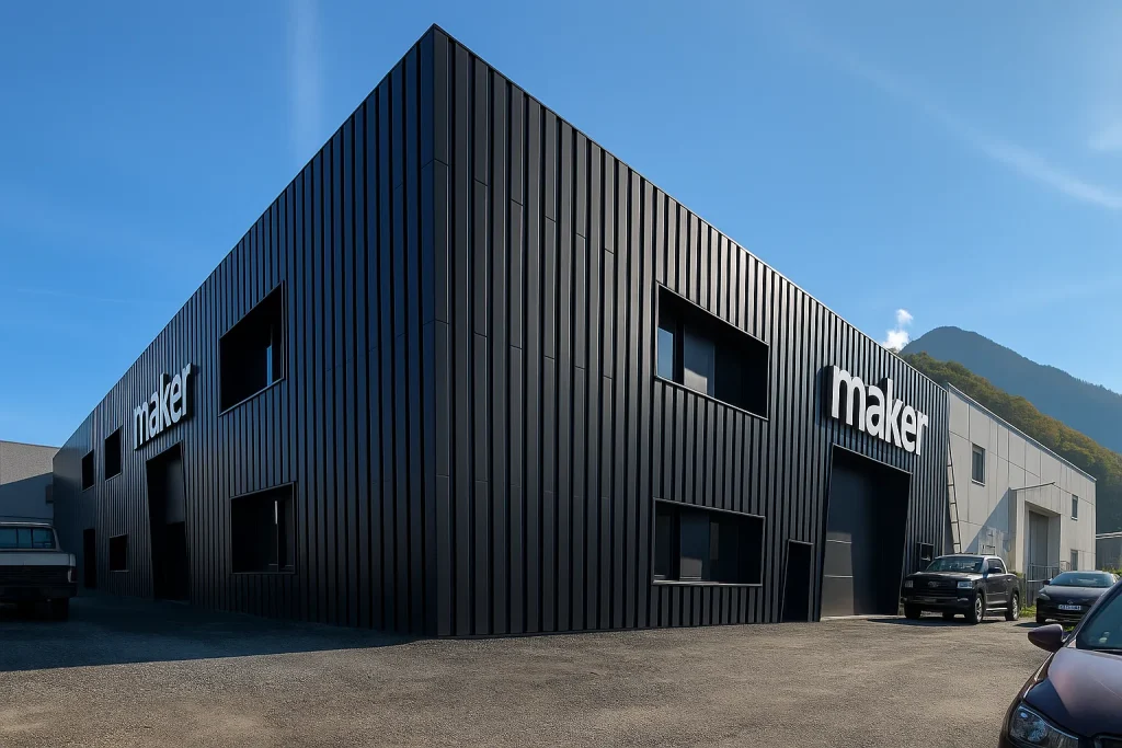 Rendering di un capannone con nuovo rivestimento metallico bianco e facciata rinnovata | Rendering einer Industriehalle mit neuer weißer Metallverkleidung und modernisierter Fassade | Rendering of a warehouse with new white metal cladding and renovated facade