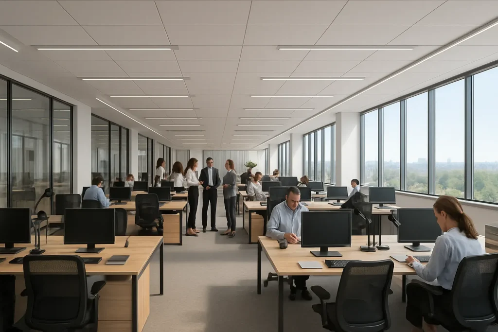 Rendering di uffici a Zurigo con ambienti open space, finiture eleganti e luce naturale | Rendering von Büroräumen in Zürich mit offenen Grundrissen, eleganten Oberflächen und natürlichem Licht | Rendering of office spaces in Zurich with open layouts, elegant finishes and natural lighting