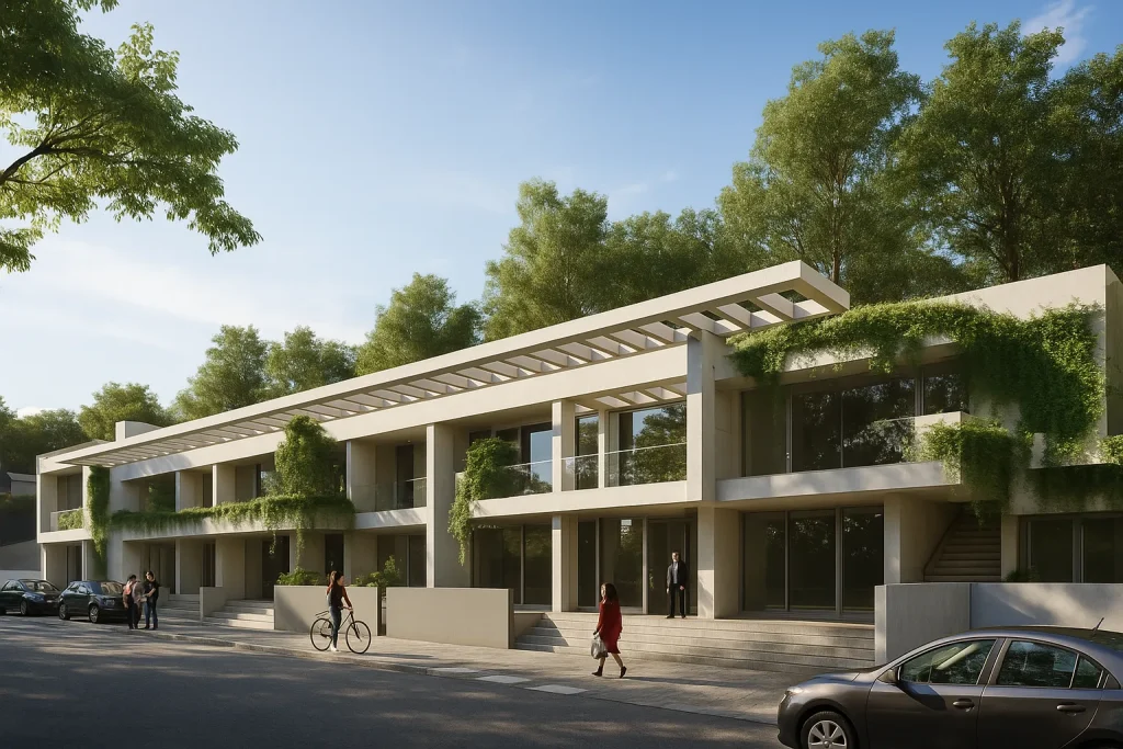 Rendering architettonico di una palazzina moderna a Roma con facciate pulite e terrazze verdi | Architektonisches Rendering eines modernen Wohngebäudes in Rom mit klaren Fassaden und begrünten Terrassen | Architectural rendering of a modern apartment building in Rome with clean facades and green terraces