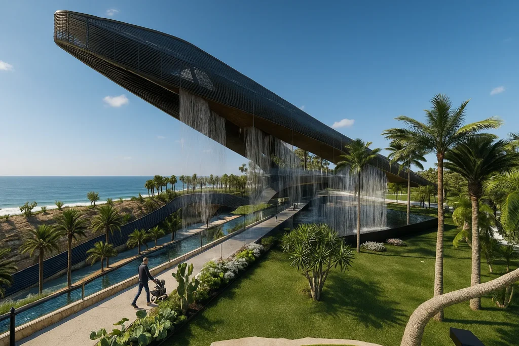 Rendering di un edificio polifunzionale progettato per un concorso in Arabia Saudita, con design contemporaneo e riferimenti culturali locali | Rendering eines multifunktionalen Gebäudes für einen Wettbewerb in Saudi-Arabien, mit zeitgemäßem Design und lokalen kulturellen Bezügen | Rendering of a mixed-use building for a competition in Saudi Arabia, with contemporary design and local cultural references