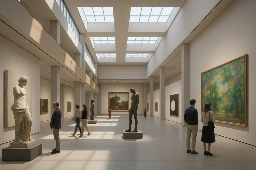 Rendering architettonico di un museo moderno a New York con facciata trasparente e piazza pubblica | Architektonisches Rendering eines modernen Museums in New York mit transparenter Fassade und öffentlichem Platz | Architectural rendering of a modern museum in New York with transparent facade and public plaza