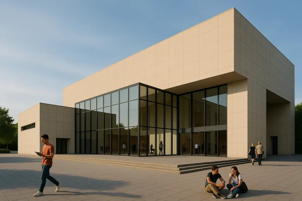 Rendering fotorealistico di un edificio polifunzionale moderno con residenze, uffici e aree commerciali | Fotorealistisches Rendering eines modernen multifunktionalen Gebäudes mit Wohnungen, Büros und Geschäftsräumen | Photorealistic rendering of a modern mixed-use building with residential, office, and retail spaces