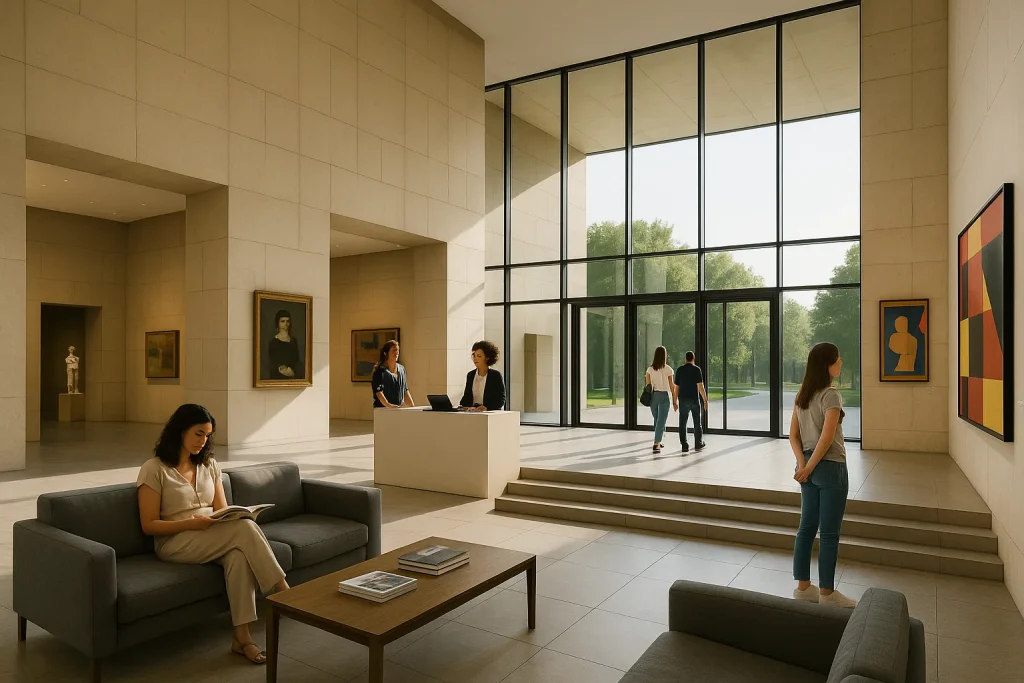 Rendering fotorealistico di un ufficio open space moderno con postazioni condivise e ampie vetrate | Fotorealistisches Rendering eines modernen Open-Space-Büros mit Gemeinschaftsarbeitsplätzen und großen Fensterflächen | Photorealistic rendering of a modern open space office with shared workstations and large windows