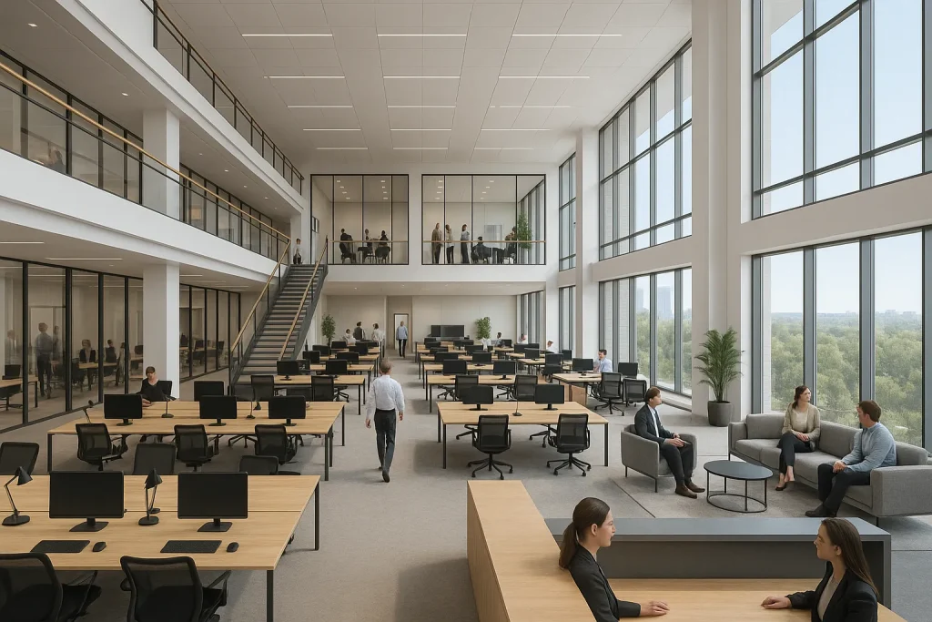 Rendering fotorealistico di un ufficio elegante con finiture in legno e illuminazione indiretta | Fotorealistisches Rendering eines eleganten Büros mit Holzakzenten und indirekter Beleuchtung | Photorealistic rendering of an elegant office with wood accents and indirect lighting