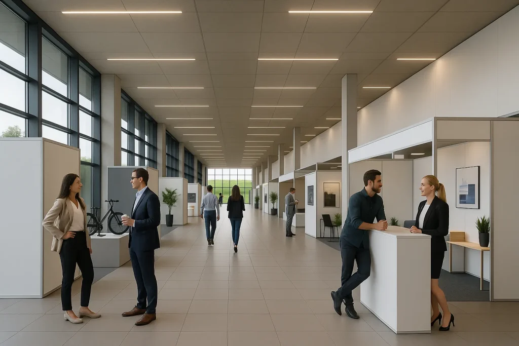 Rendering fotorealistico di uno spazio fieristico in Svizzera con stand modulari e layout espositivo | Fotorealistisches Rendering eines Messebereichs in der Schweiz mit modularen Ständen und Ausstellungsdesign | Photorealistic rendering of a trade fair space in Switzerland with modular booths and exhibition layout