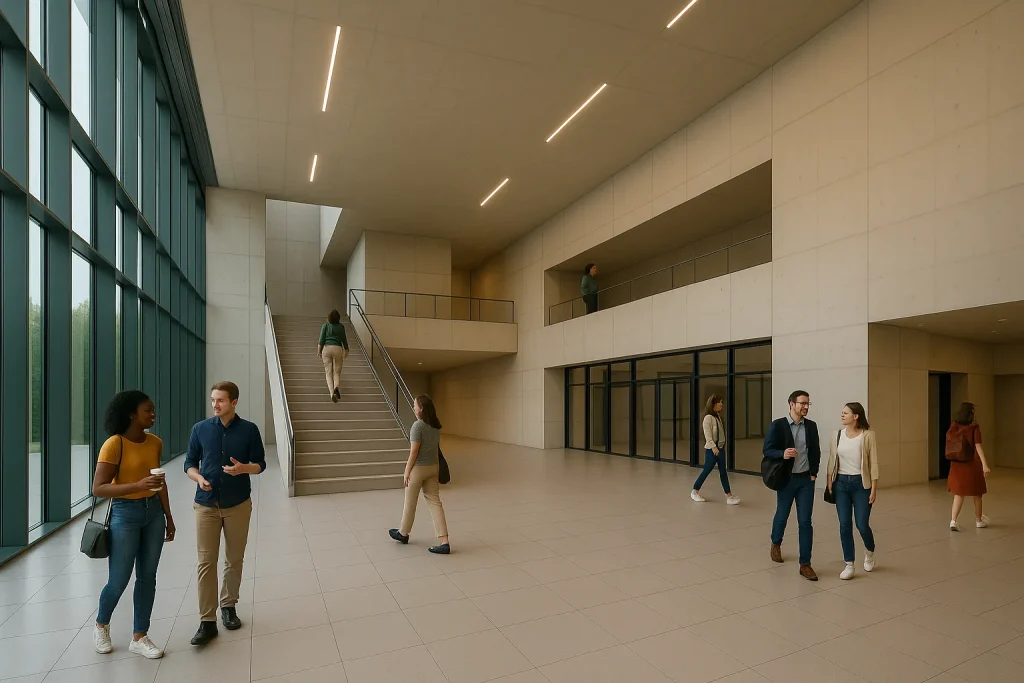 Rendering fotorealistico della hall d’ingresso di un museo in Svizzera con luce naturale e design essenziale | Fotorealistisches Rendering des Eingangsbereichs eines Museums in der Schweiz mit Tageslicht und klarer Gestaltung | Photorealistic rendering of a museum entrance hall in Switzerland with natural light and clean design
