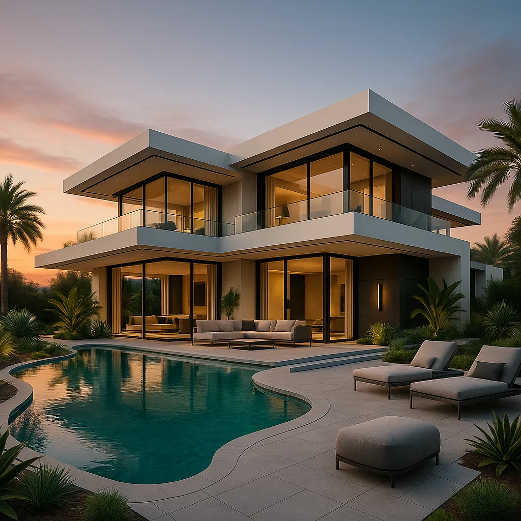 Rendering fotorealistico di una villa moderna in contesto asiatico | Fotorealistisches Rendering einer modernen Villa in einem asiatischen Kontext | Photorealistic rendering of a modern villa in an Asian setting