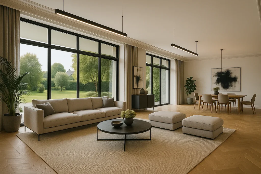 Rendering fotorealistico di una villa moderna a Zurigo con linee pulite e materiali pregiati | Fotorealistisches Rendering einer modernen Villa in Zürich mit klaren Linien und hochwertigen Materialien | Photorealistic rendering of a modern design villa in Zurich with clean lines and premium materials