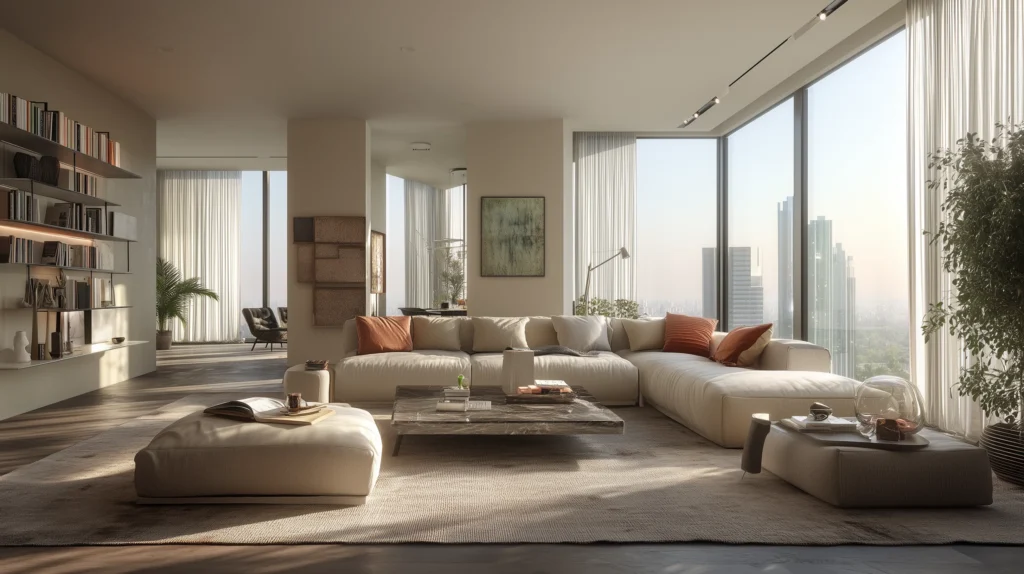 3D rendering of a modern living room in Switzerland