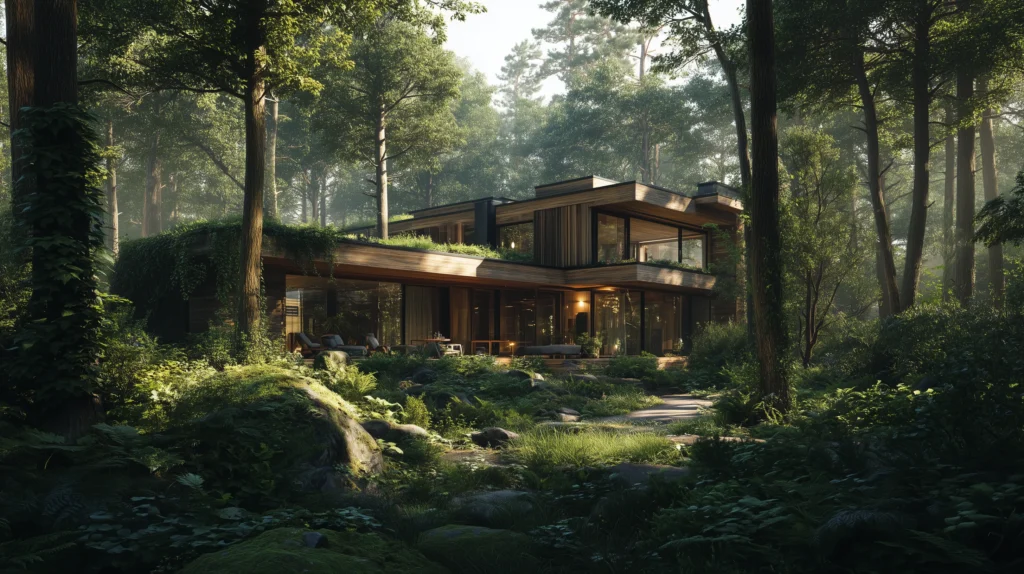 3D rendering of a modern villa in the forest in Switzerland