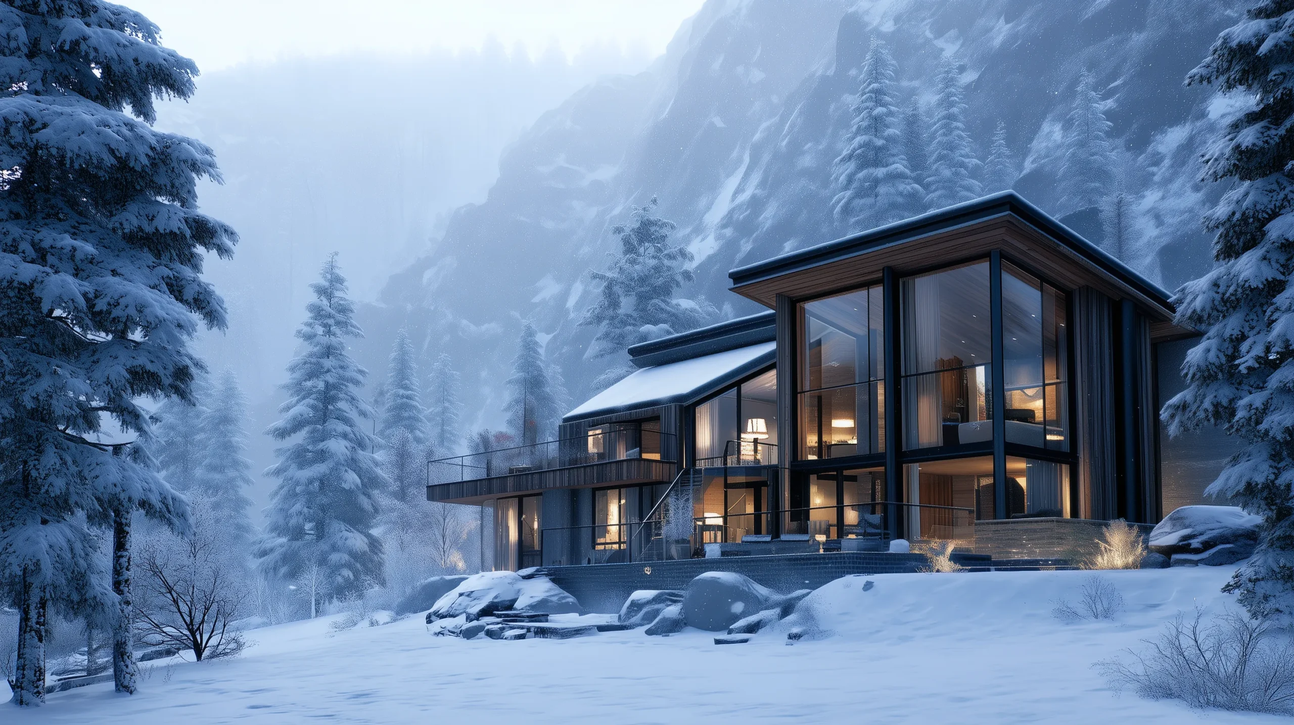 Photorealistic 3D rendering of a winter villa in Switzerland