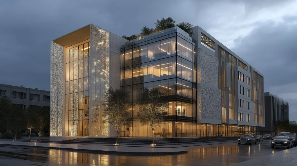 render fotorealistico di edificio contemporaneo in Svizzera