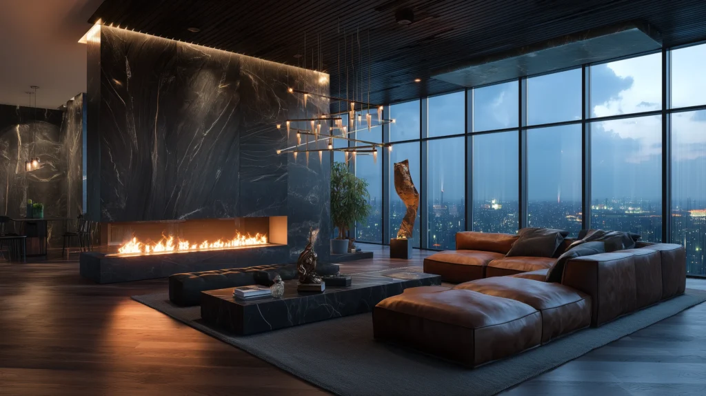 render fotorealistico soggiorno di lusso a Zurigo, Svizzera